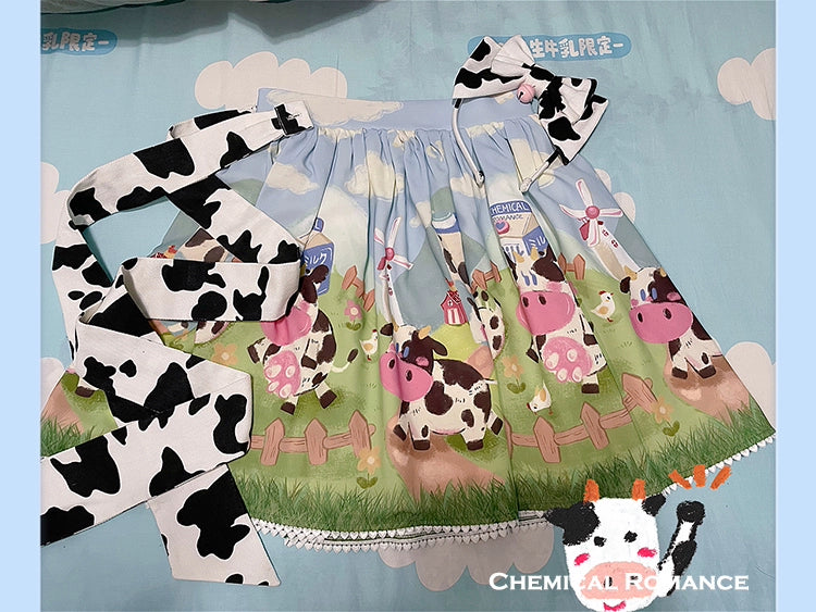 Chemical Romance~Sweetheart Farm~Sweet Lolita SK Cow Print Lolita Dress Long style (plain hemline) S Light blue
