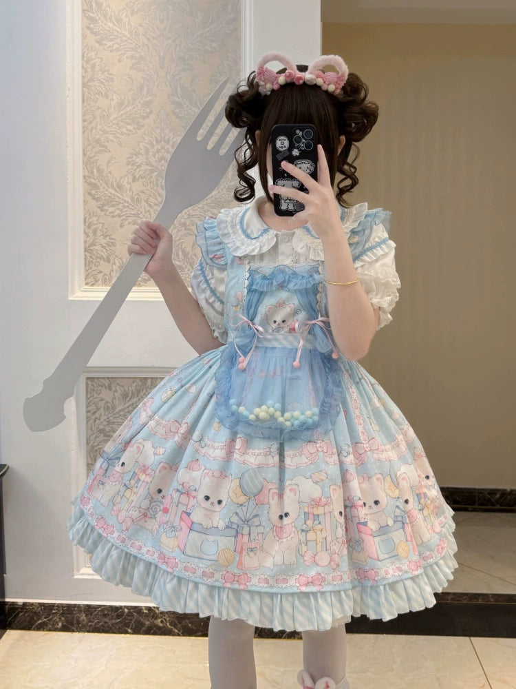 Suiyi - Meow Pompom - Sweet Lolita Salopette Dress Suit, Cat Print Sky Blue Salopette + Apron S