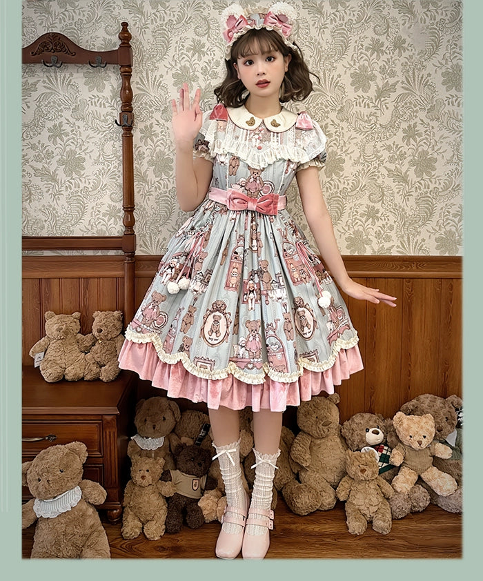 Alice Girl~Bear Doll Wall~Sweet Lolita OP Lovely Bear Print Dress   