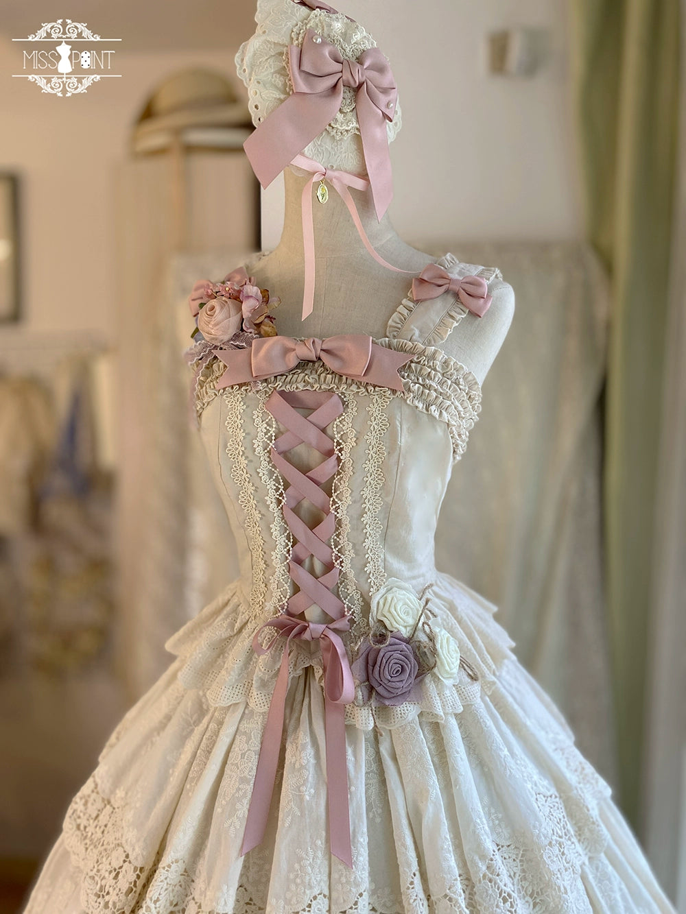 Miss Point - Forest Waltz - Cotton Lolita Camisole Embroidered Cami Top XS Ivory Fitted camisole(with 3 bow pin and a strap)