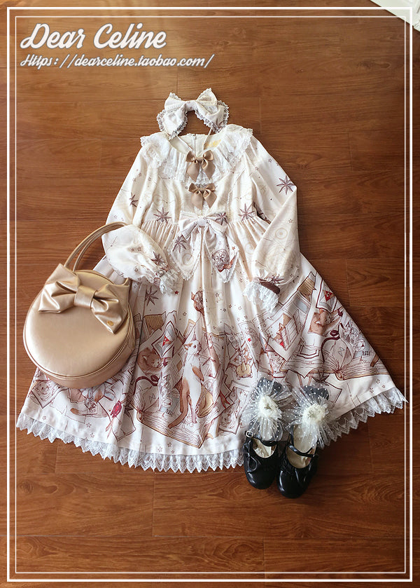 (BFM)Dear Celine~Cat Professor's Magic Class~Daily Lolita OP Dress Long Sleeve Dress S White 