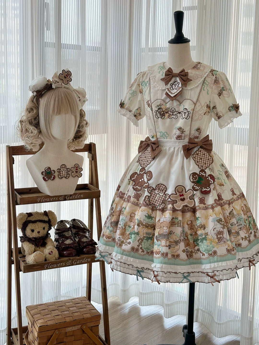 Babyblue~Little Bear Honey Jar~Kawaii Lolita Short Sleeve OP Gingerbread Man Embroidered Dress   