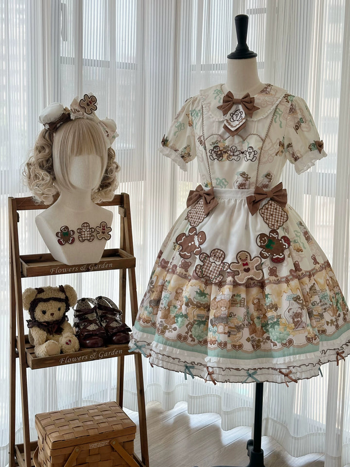 Babyblue~Little Bear Honey Jar~Kawaii Lolita Short Sleeve OP Gingerbread Man Embroidered Dress 40362:656840