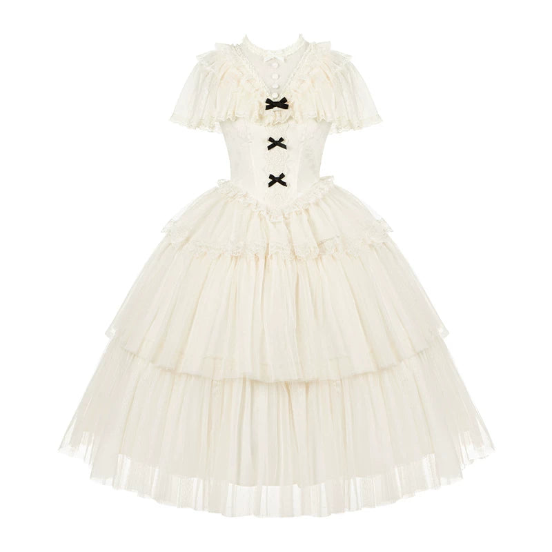 White Mist Promise - Classic Lolita Corset OP Set, Edwardian Collar & Tiered Hem (L M S) 45173:838308