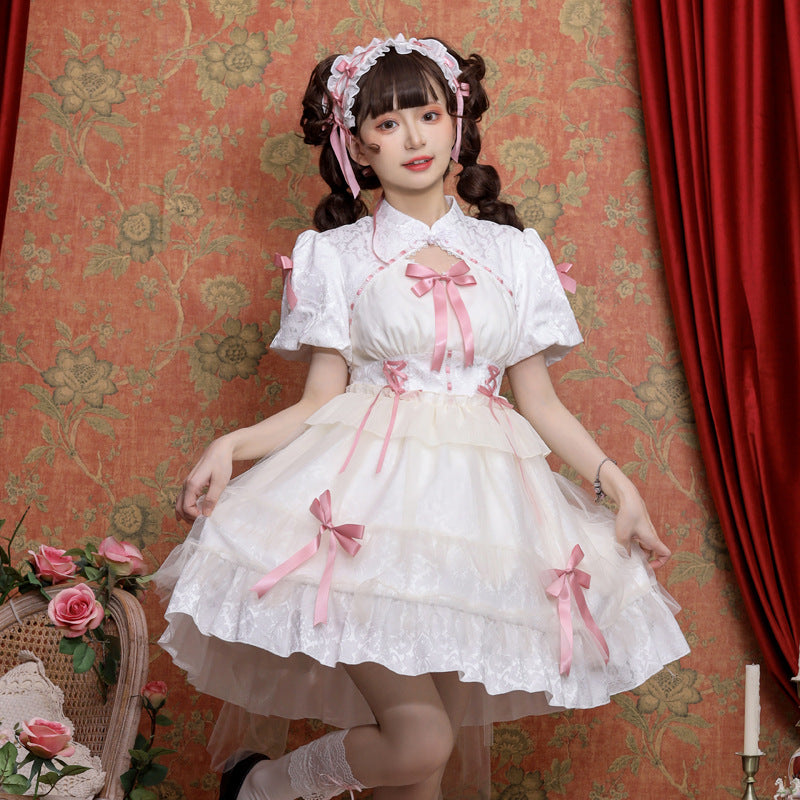 Eieyomi - Kawaii Lolita OP Dress Summer Dress Short Sleeve Pink white S