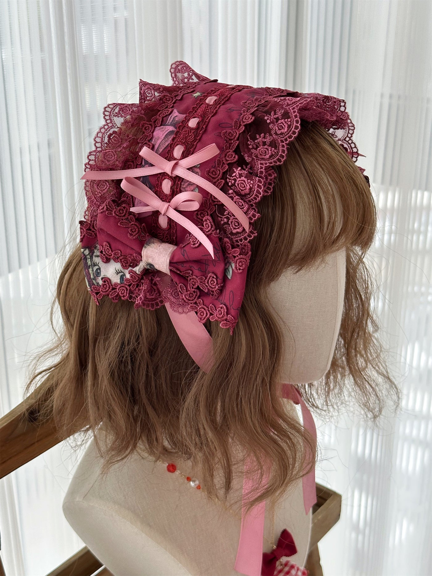 Babyblue~Vintage Lolita Bonnet Hair Band Kawaii Headdress Cherry Red/Headband  