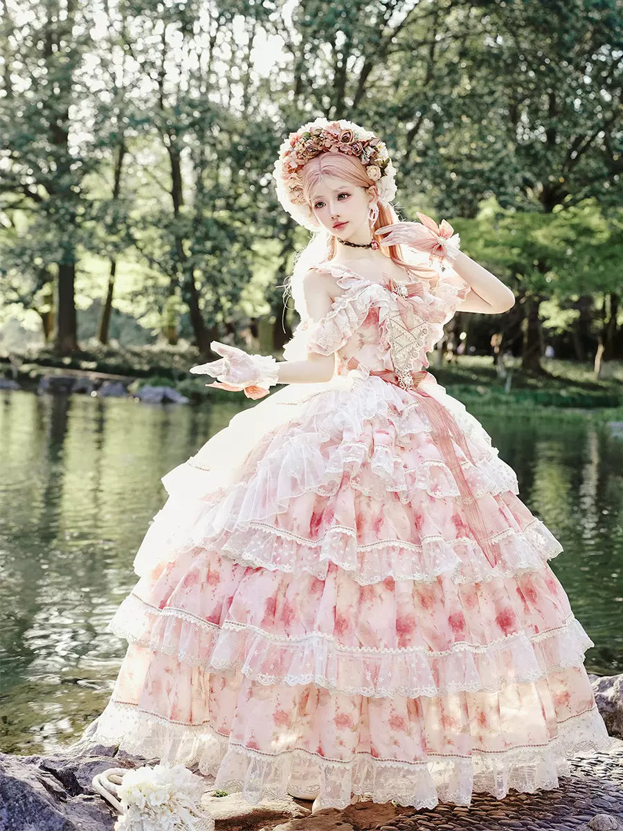 Cat Fairy~Rose Letter~Wedding Lolita Princess Dress Floral Printing Flounce Hem S Rrange-red 