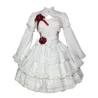 Mengfuzi~LiLith~White Gothic Lolita Dress With Optional Bolero and Sleeves XS White jsk + small bolero + dark buttoned sleeves 