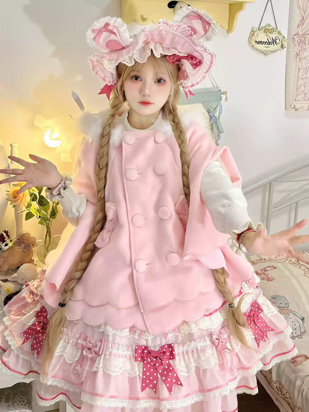 Yayizi~Sweet Lolita Cape Winter Plush Lolita Coat Pink S Thin Styles