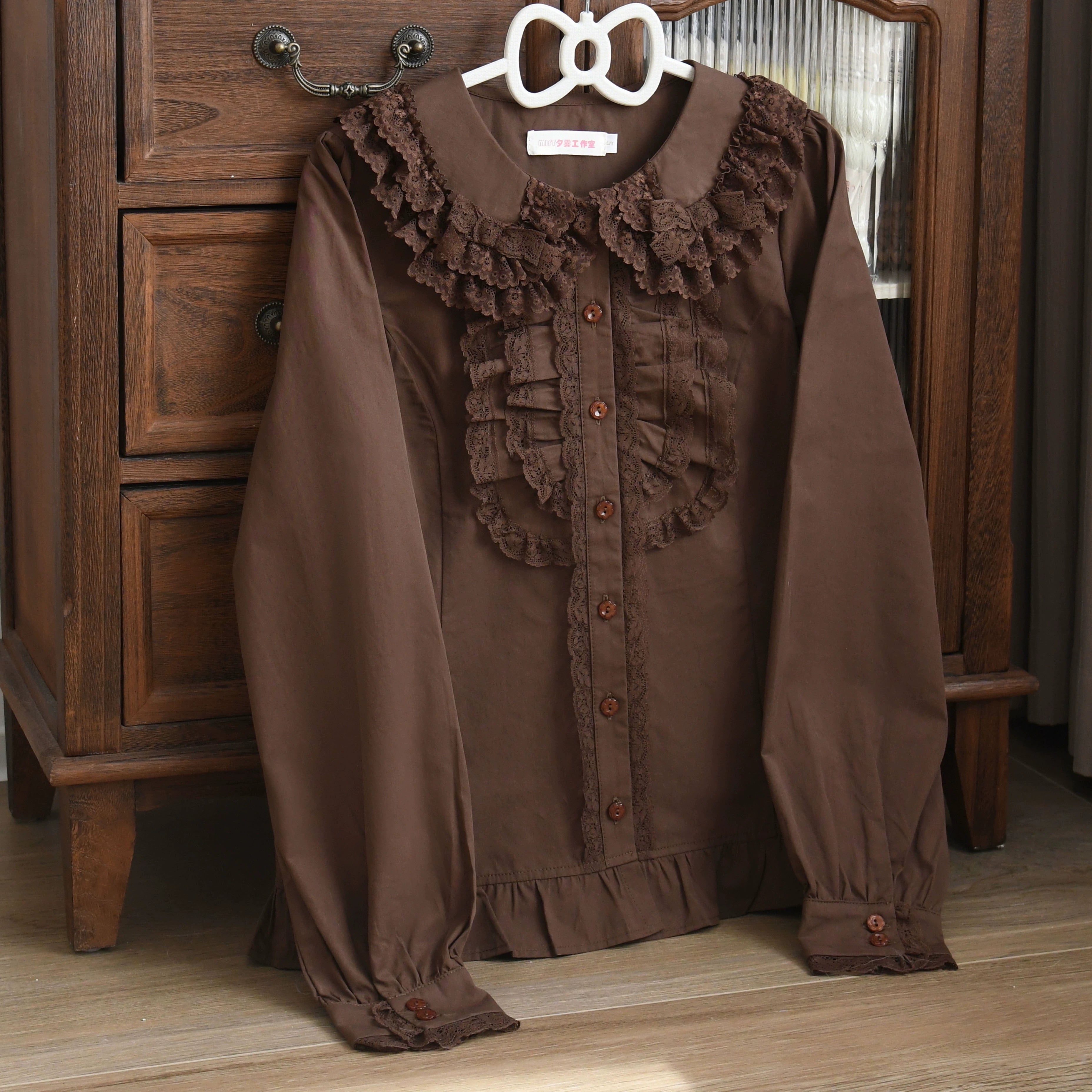 MIST - Half Sugar Milk Cake - Kawaii Lolita Blouse Peter-pan Collar and Puffy Sleeve Shirt Dark coffee S