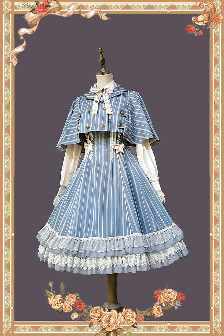 (Buy for me) Infanta~Elegant Lolita Stripe High-waist Jumper Dress Set and Cape   