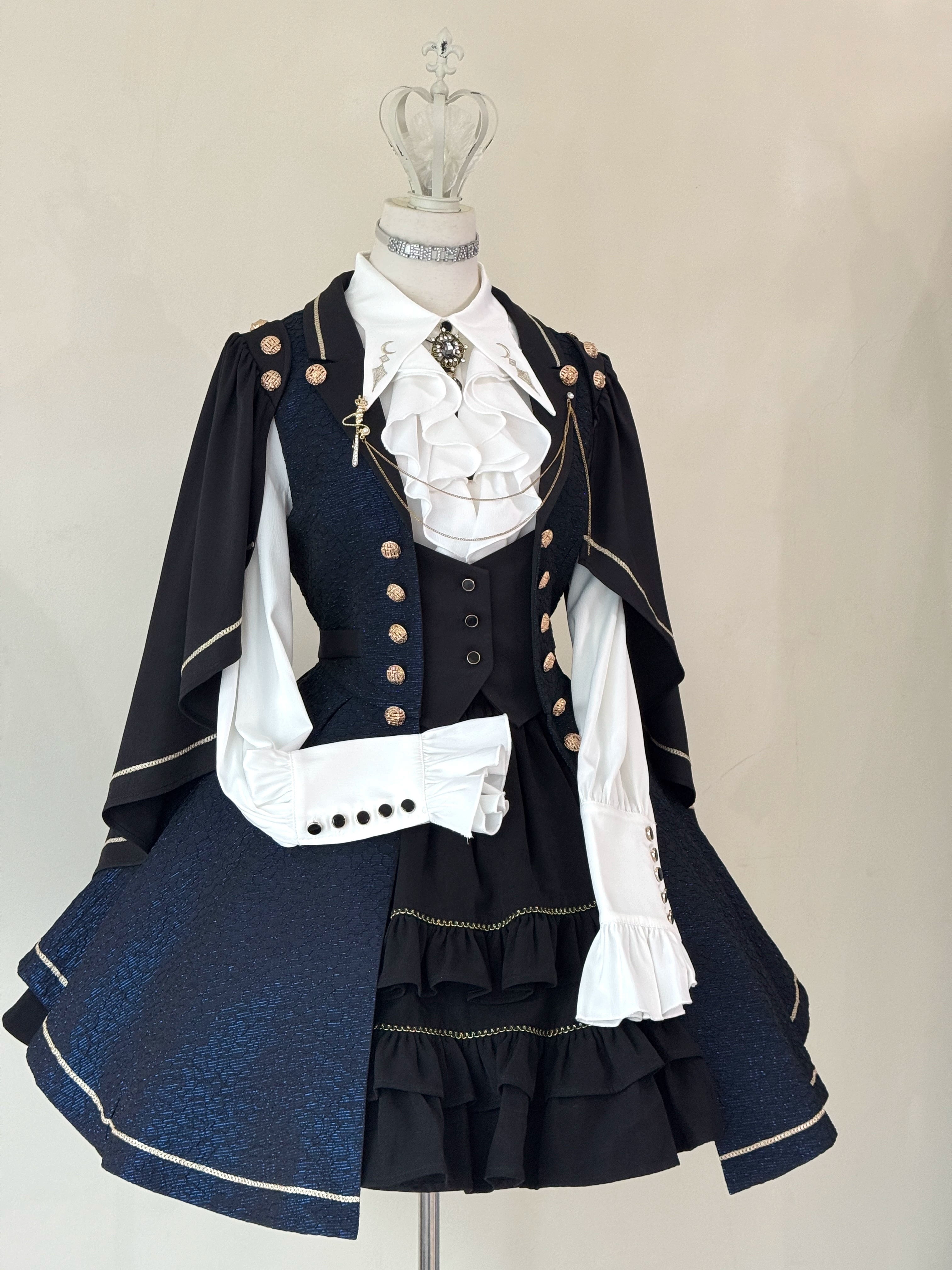Fallen Moon Code - Retro Military Lolita Capelet-Sleeve Set: Vest, Skirt & Pants Black x Blue - Vest Coat Only S