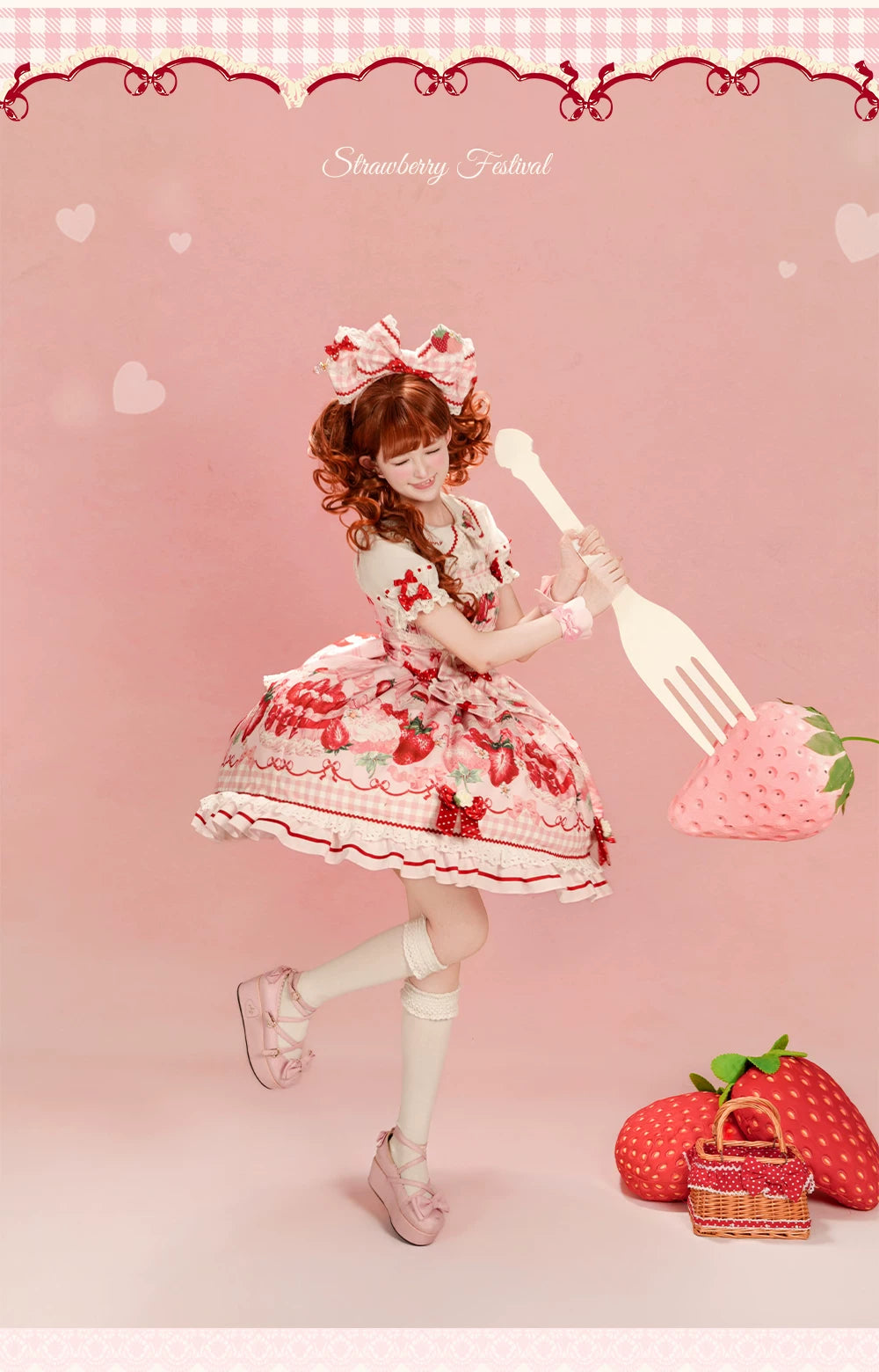 Strawberry Festival - Cotton Sweet Lolita JSK Dress with Strawberry and Cream Print 45735:860377