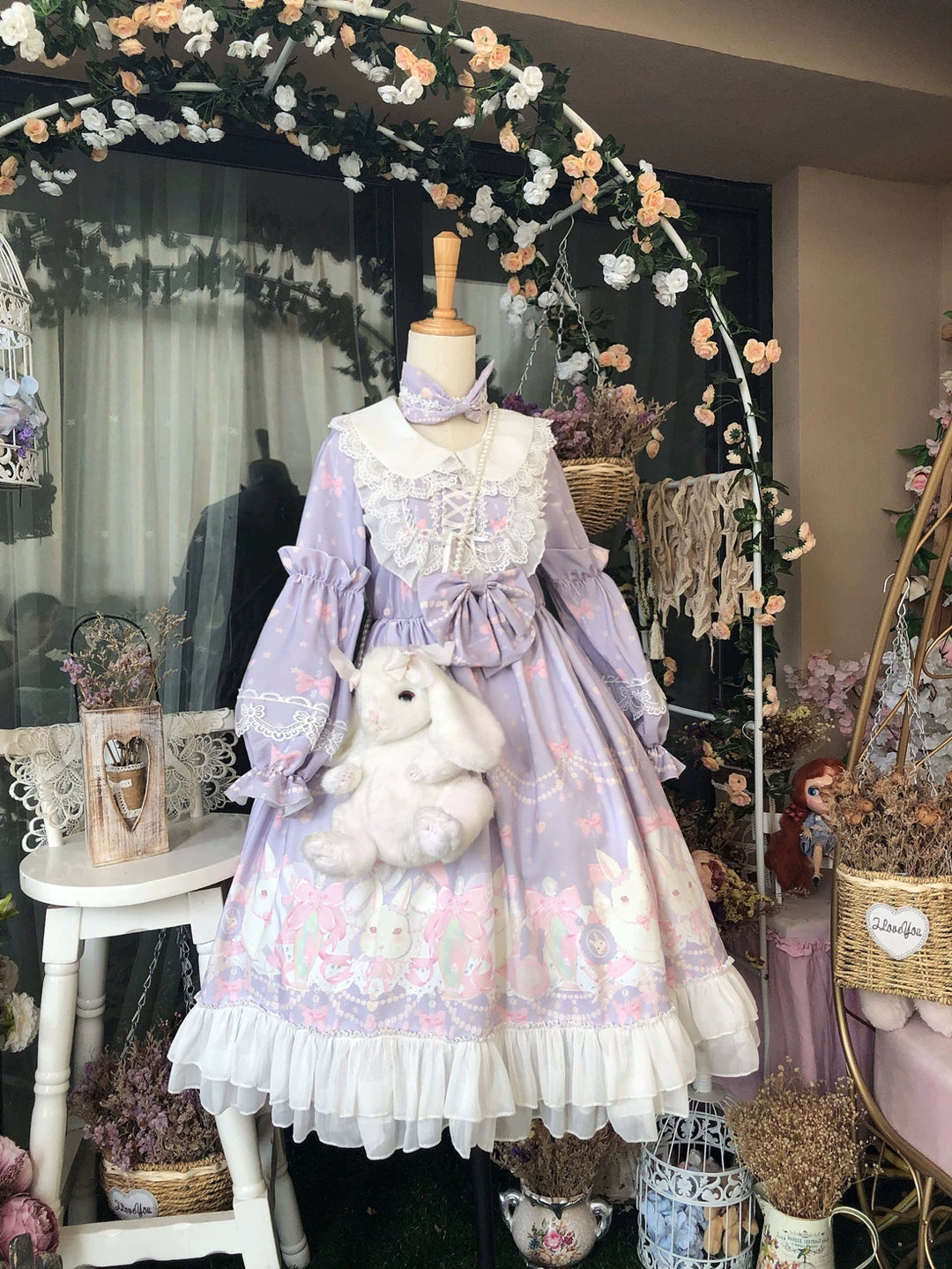 Doujiang~Kawaii Lolita OP Rabbit Print Pink Purple Lace Princess Dress