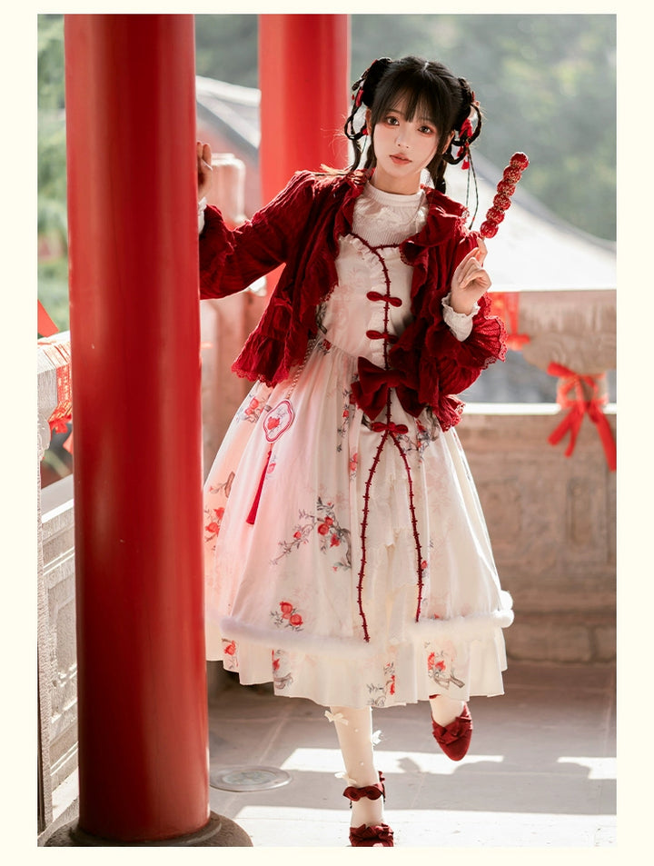 With PUJI~Pomegranate~Winter Chinese Style Lolita Knit Cardigan JSK   