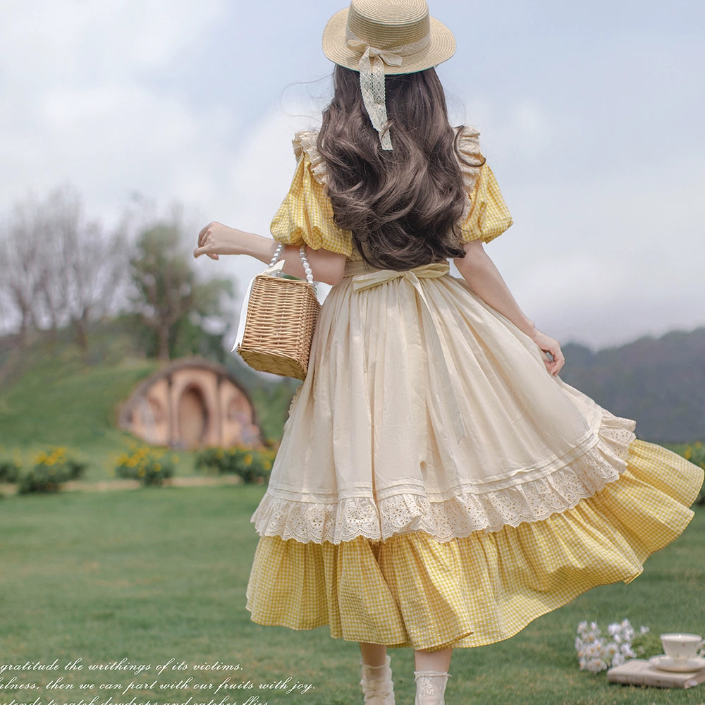 HuTaoMuJK - Belle - Yellow Lolita OP Dress Set Apron Dress Plaid Print