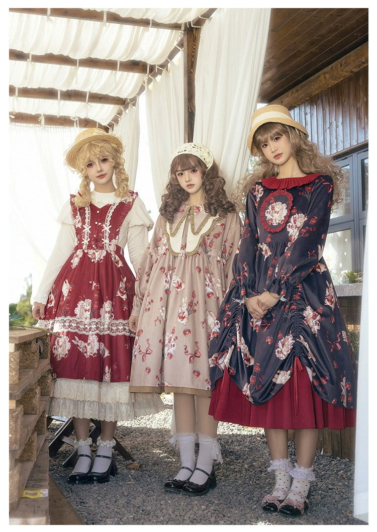 With PUJI~Sheepberry Bunny Air~Sweet Lolita Dress Velvet Print JSK and OP