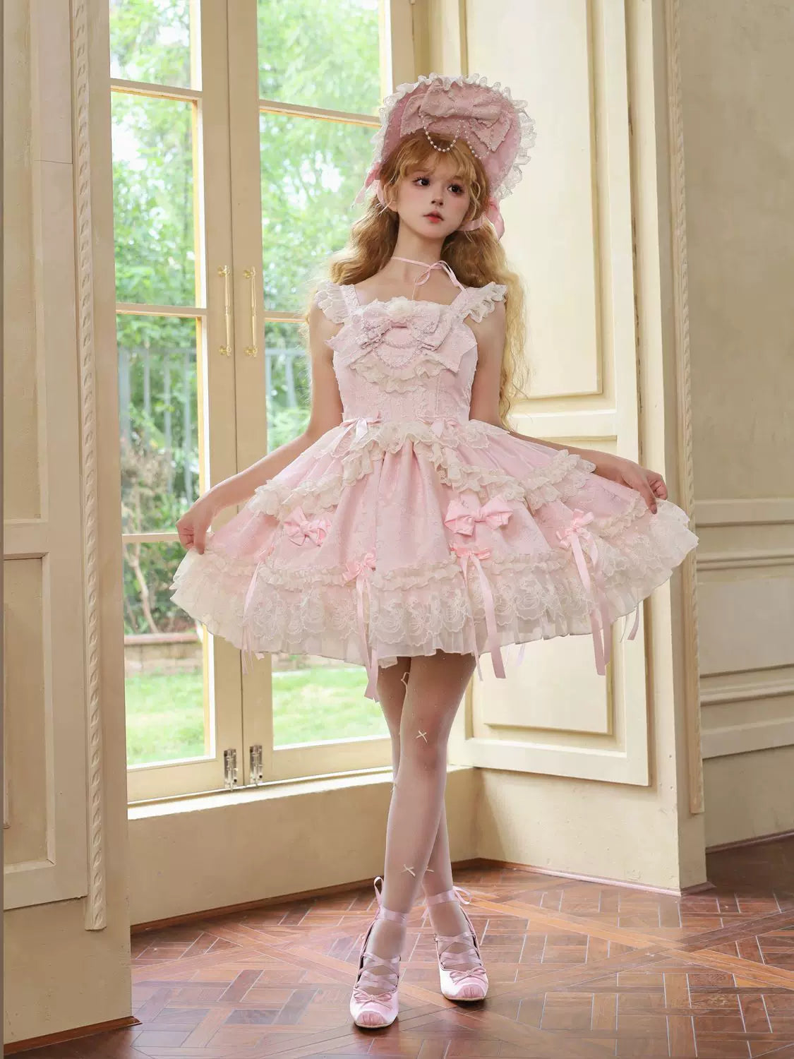 Blooming Love - Ballet-inspired Sweet Lolita JSK Dress, Lace & Bows Pink - JSK + Back Trailing Bow + BNT S