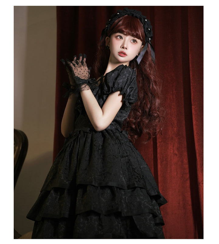 Eieyomi~Thorn Rose~Gothic Lolita Three-layer Ruffle Black OP   