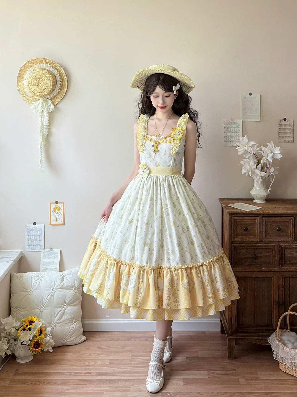 Patchwork Garden 2.0 - Classic Lolita Floral Print JSK Dress, Side Pockets