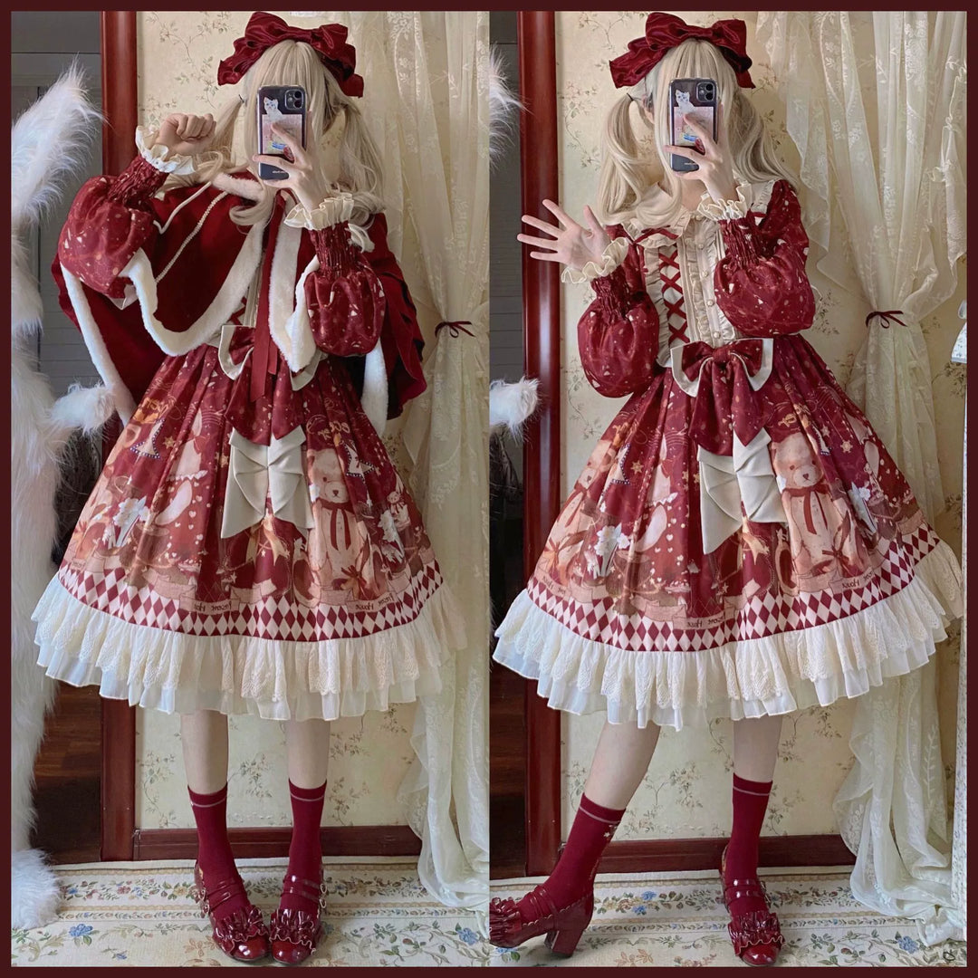 Matutu~Sweet Bear Gift House~Sweet Lolita Suit Christmas Lolita OP and Cape   