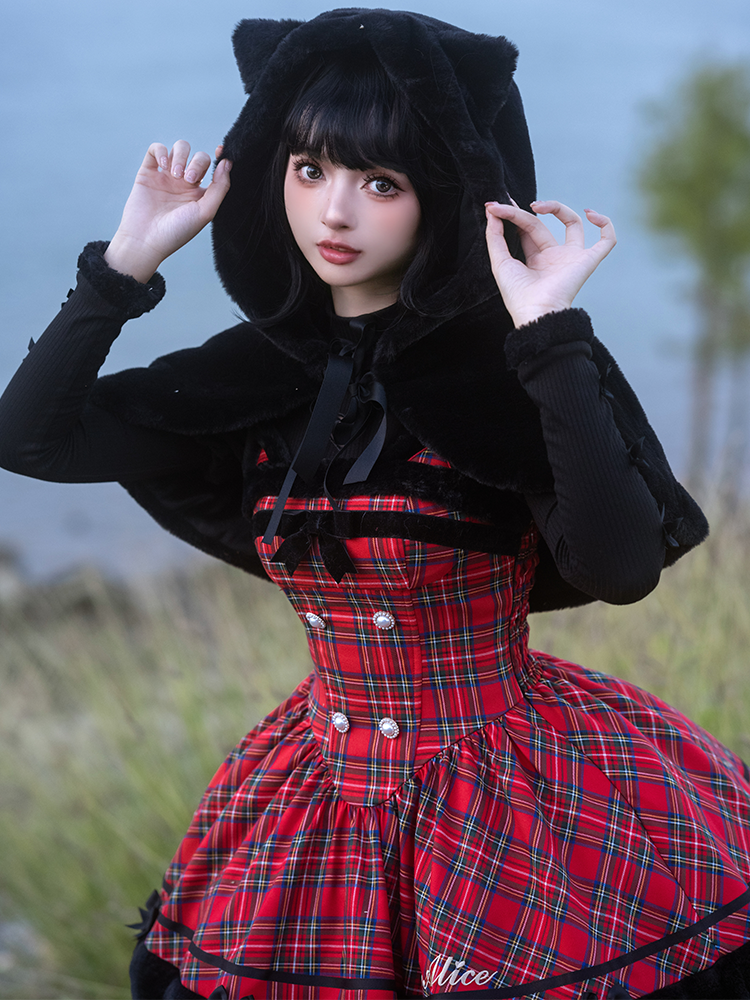 To Alice~Black Cat and Miss~Christmas Sweet Lolita Plaid Dress with Hooded Cape 41288:708094