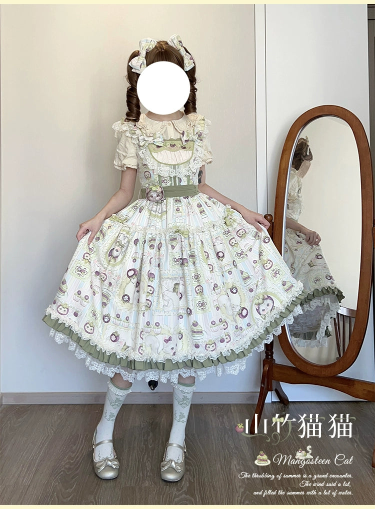 Urtto - Mangosteen Cat - Printed Country Lolita JSK, Pocketed Jacket
