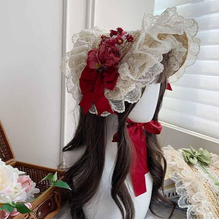 With PUJI~Floral Language~Country Lolita Lace Bow Flat Cap Straw Hat   