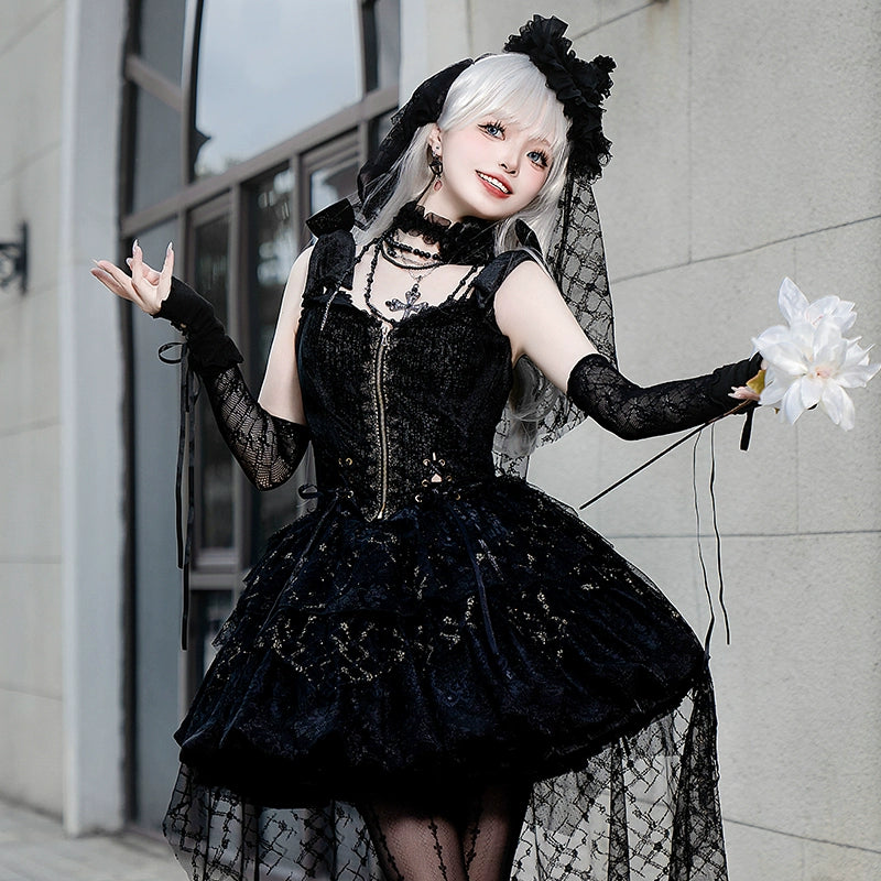 Another Walker~Night and Night Furan~Gothic Lolita Fishtail Skirt Set Black Lolita Set S Black cuffs 