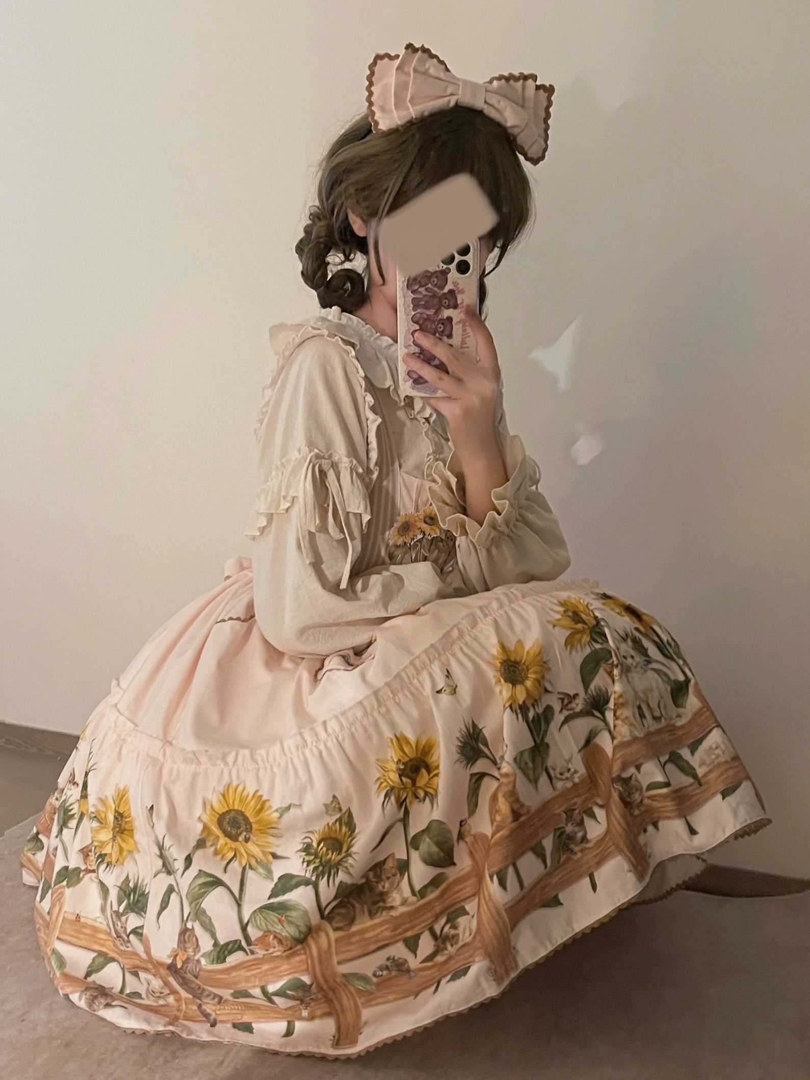 Polaris Lolita - Cat and Sunflower - Sweet Lolita JSK Cat and Sunflower Print Dress and Headdress Set 36738:526428