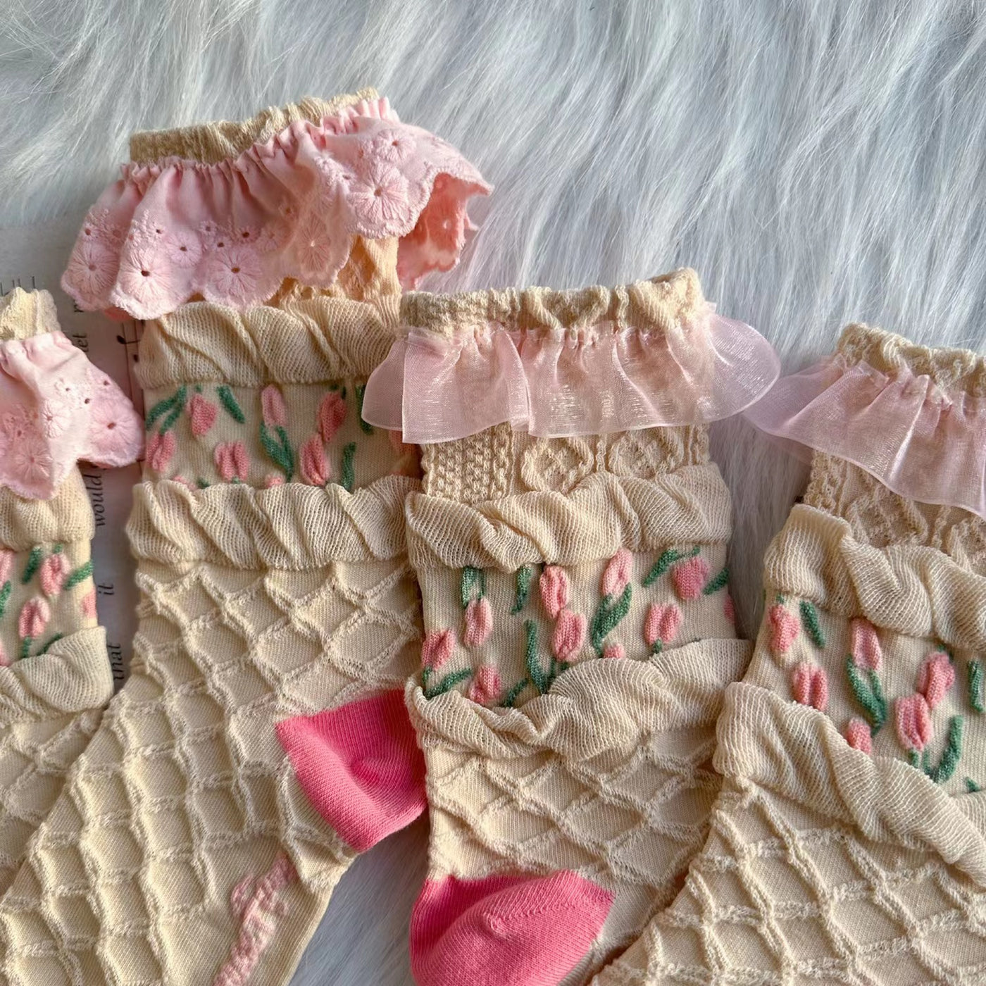 Chestnut Lolita~Vintage Lolita Handmade Socks tulip (pink lace) + tulip (gauze lace)  