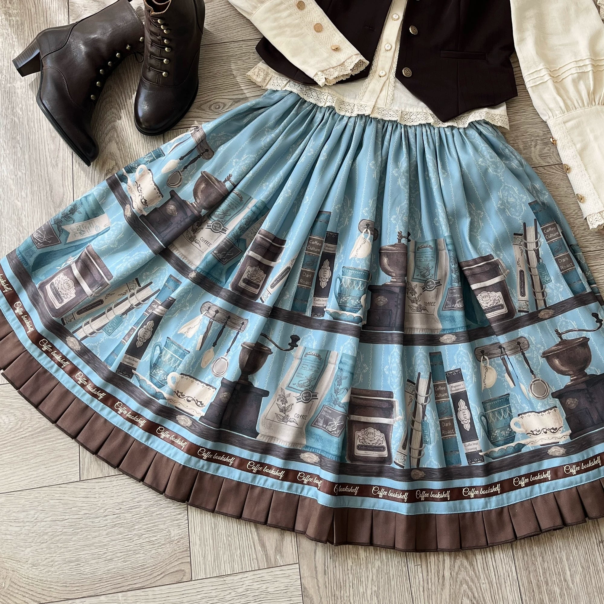 Coffee Bookshelf - Classic Lolita JSK and SK Set, Coffee Cup and Book Print (L M S XL) 45611:856187