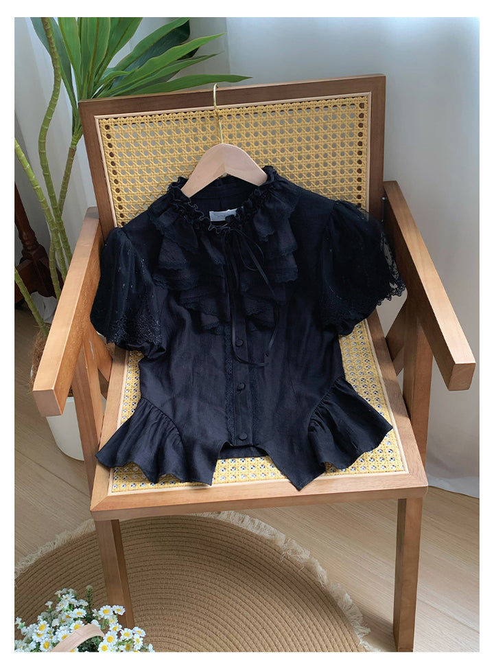 With PUJI~Anna~Classic Lolita Shirt with Lace Embroidery and Princess Sleeves
