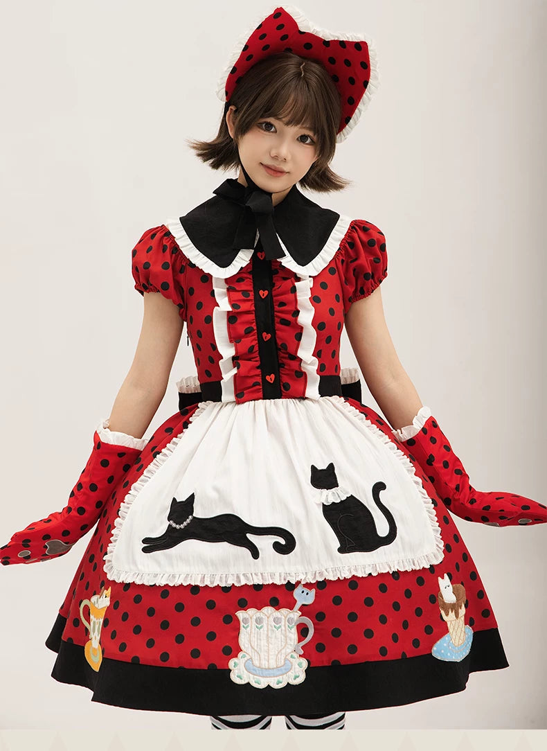 Teacup Meow - Old School Lolita Polka Dot OP Dress, Cat and Teacup Patch 45490:852660