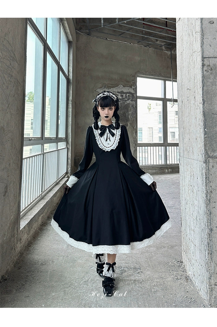 Hezi's Cat Haven~Black Cat Butler~Maid Lolita OP Dress Elegant Black and White Dress