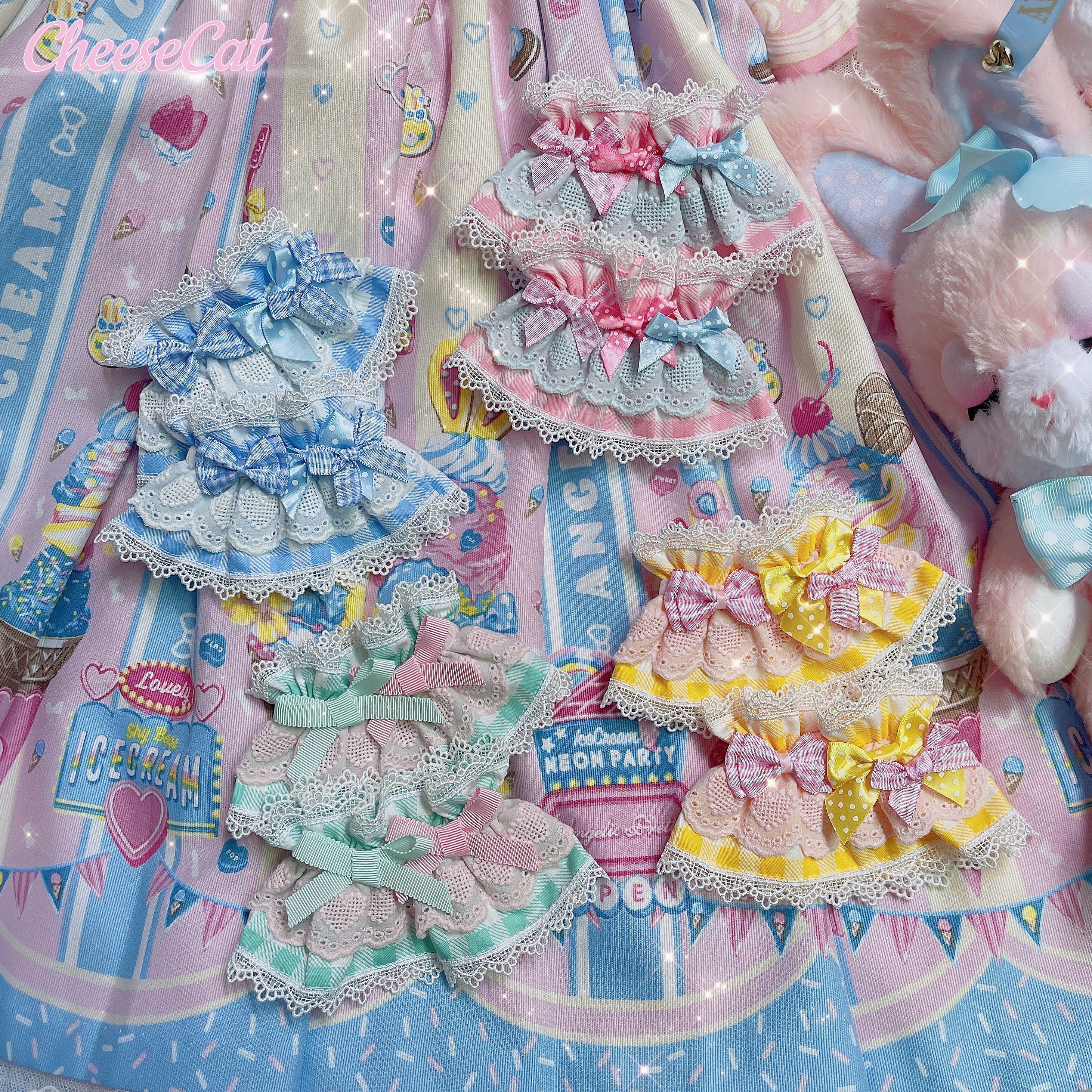 Cheese Cat - Sweet and Playful Strawberry Gingham Lace Cuffs