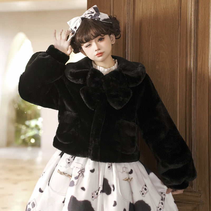 Eieyomi - Daily Lolita Coat Imitation Rabbit Hair Short Winter Coat S Black