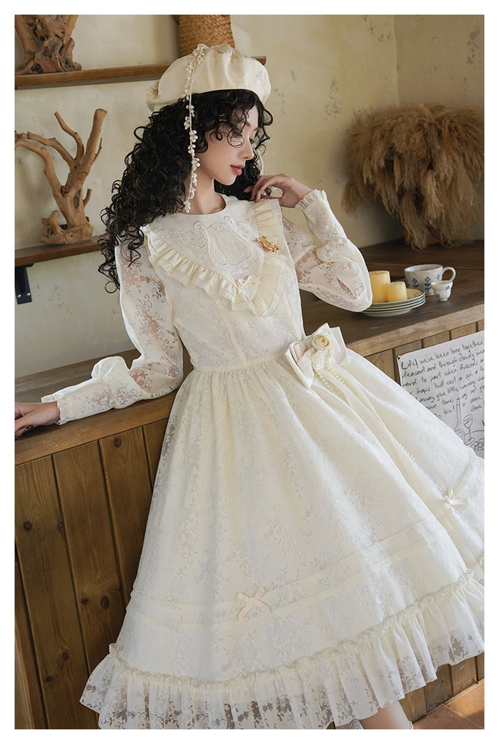 With PUJI~Floral Melody~Ivory Classic Lolita Long Sleeve OP Dress with Layered Bolero