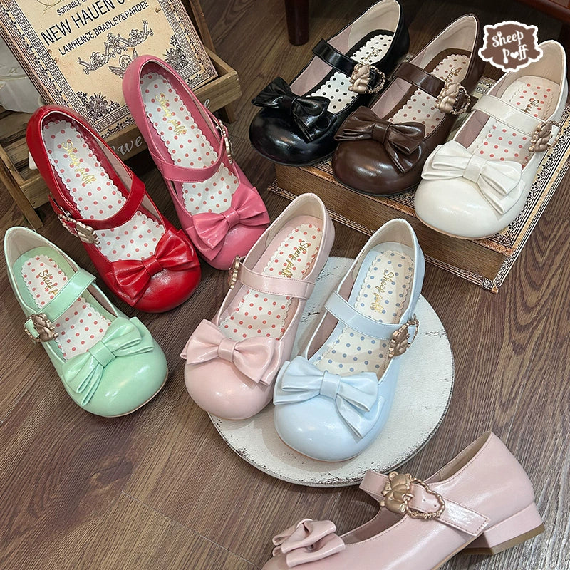 Sheep Puff~Huggie Bear~Kawaii Lolita Low Heel Shoes with Round Toe & Bow 43012:761853