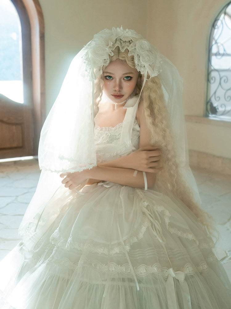 Flower And Pearl Box~Silk Ballet~Wedding Lolita Veil Accessories Set Veil (Yellow)  