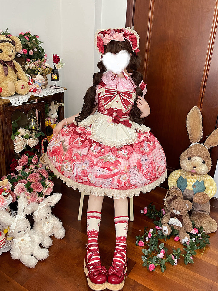 Mewroco~Strawberry Cat~Sweet Lolita Dress Suit JSK and Salopette with Cat Prints