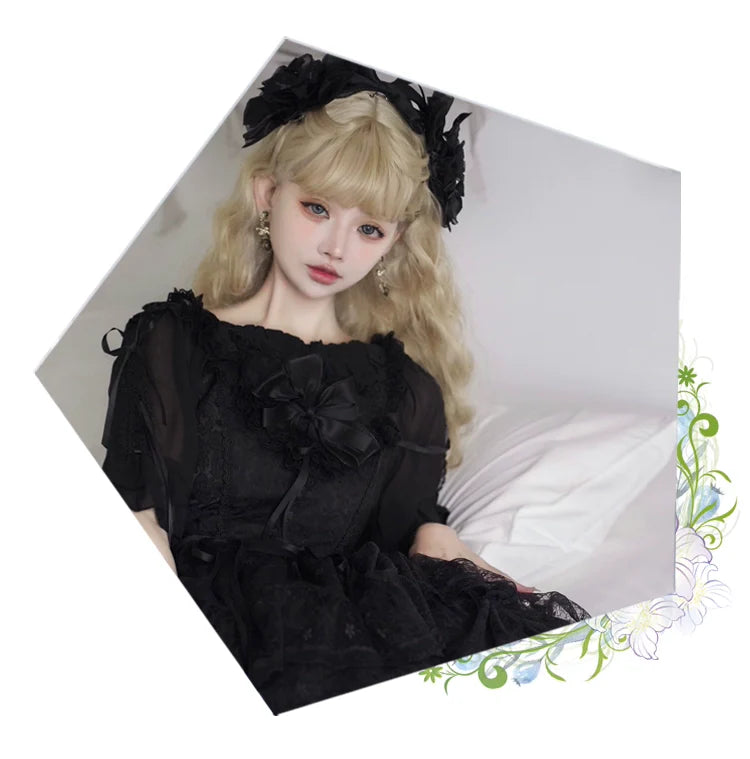 Eieyomi - Iris Love - Elegant Black Lolita JSK Dress, Short Sleeve 44383:806051