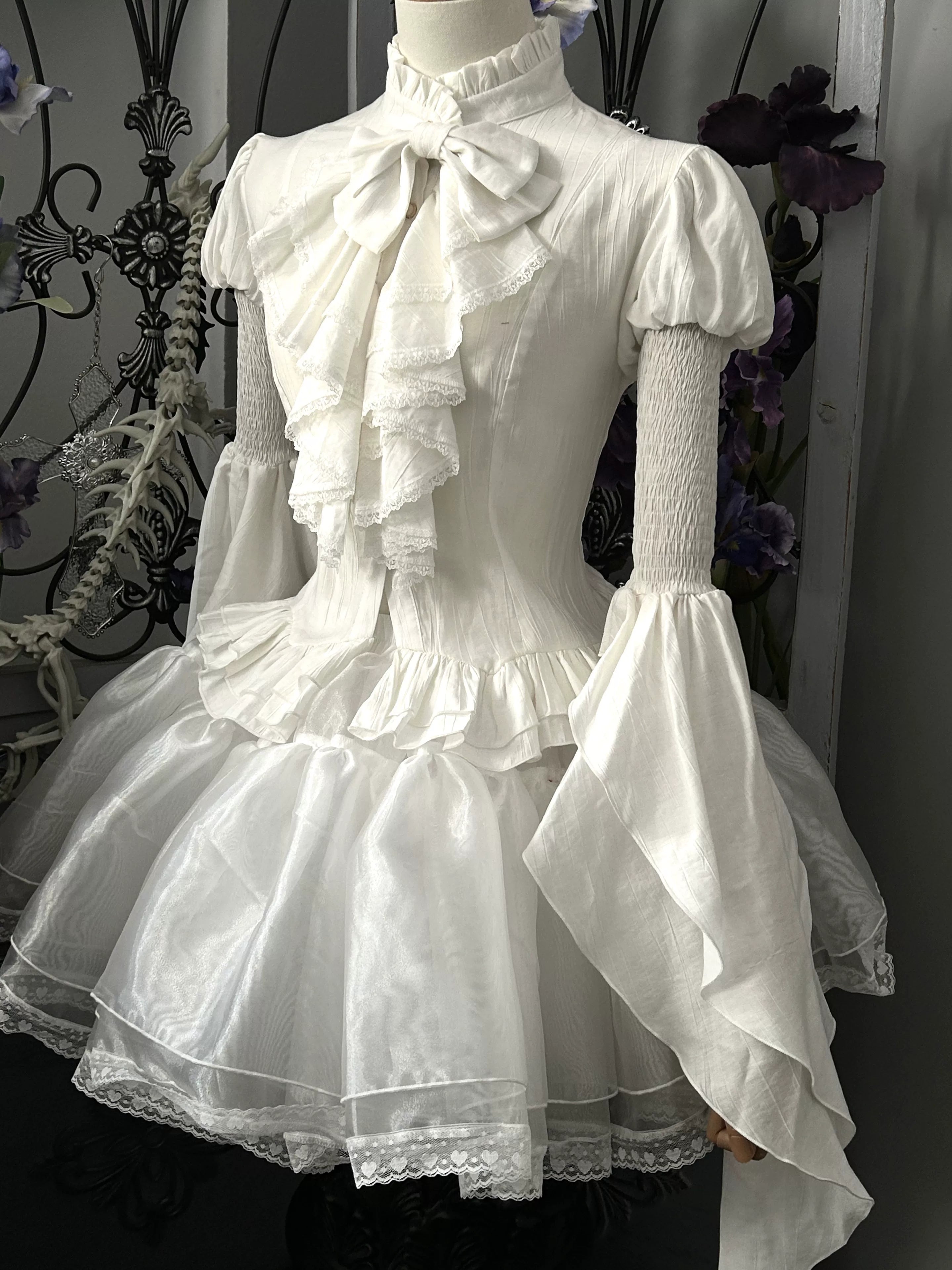 Dragon Bone Cemetery - Gothic Lolita Blouse, Detachable Bell Sleeves White Blouse + Bow Brooch + Detachable Bell Sleeves S
