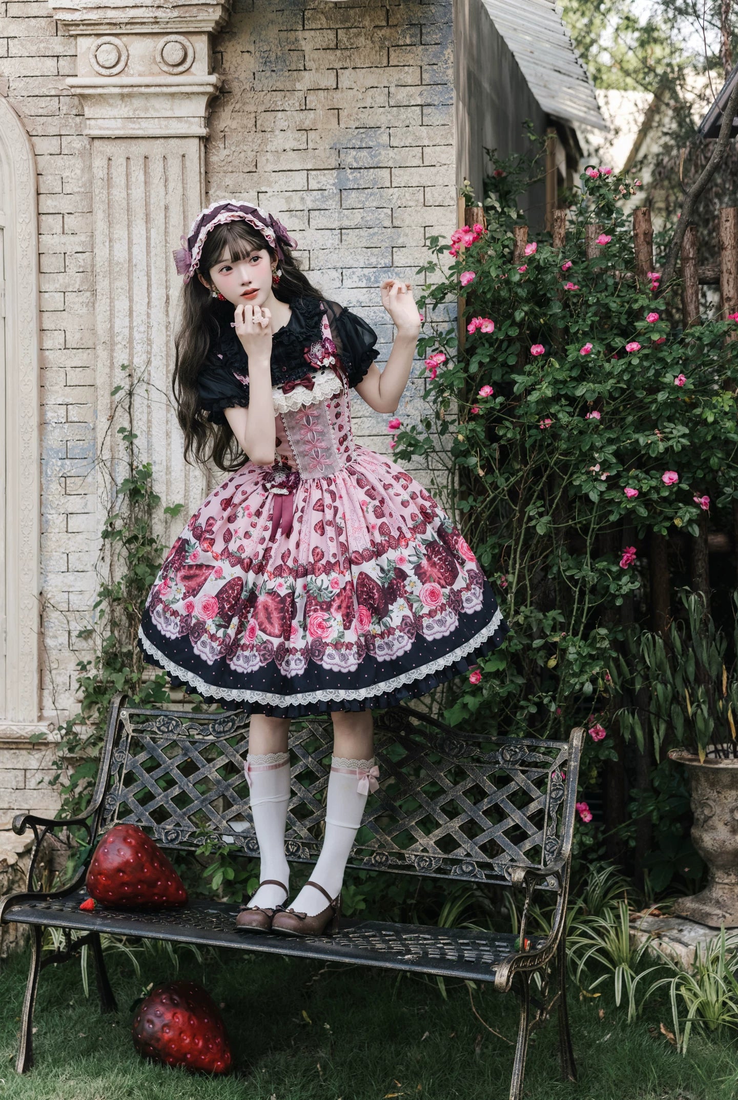 Dark Berry Fairytale - Cotton Sweet Lolita Strawberry Printed OP & JSK Dress 45629:856433