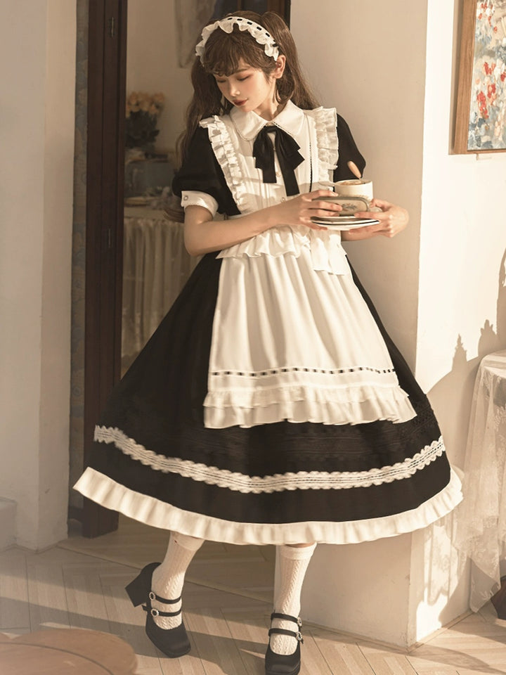 Sweet Date~Halloween Gothic Lolita OP Maid Lolita Dress Elegant Lolita OP S Short-sleeved OP+ hairband+apron 