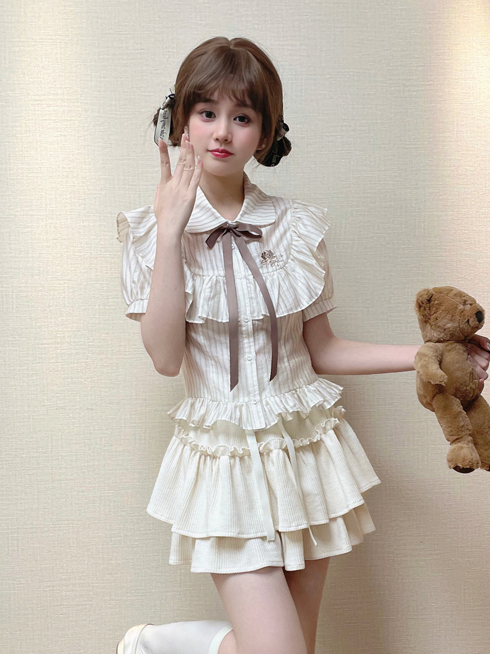 Tan Tuan~Sweet Lolita Short Sleeve Shirt Suit Multicolors S cream-brown stripes blouse