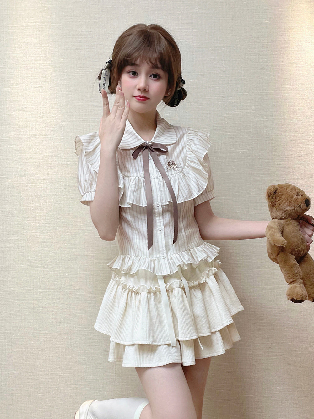 Tan Tuan~Sweet Lolita Short Sleeve Shirt Suit Multicolors S cream-brown stripes blouse 