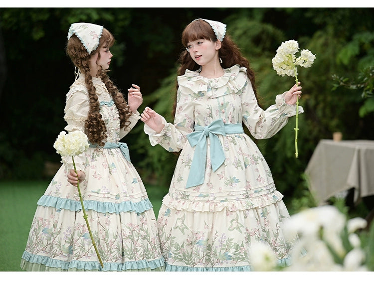 With PUJI - Oriole Time - Country Lolita JSK and OP Dress, Floral and Bird Print 44048:794551