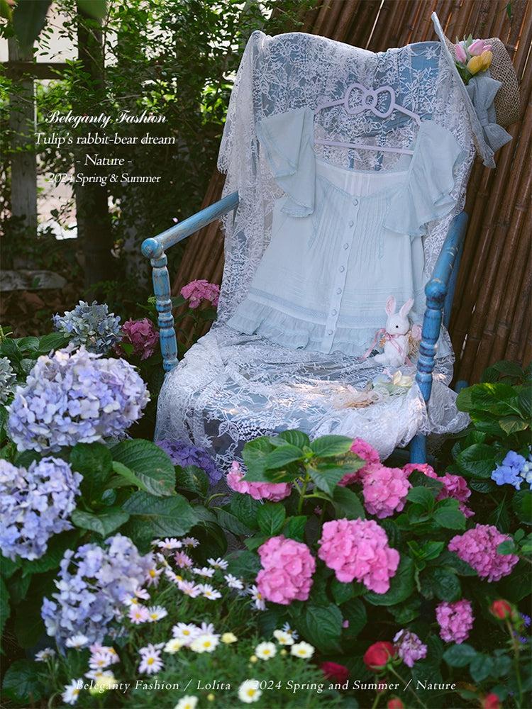 Beleganty~Tulip's Rabbit-Bear Dream~Sweet Lolita SK Suit Lolita Flutter Sleeve Top Light Blue - Flutter Sleeve Top S 