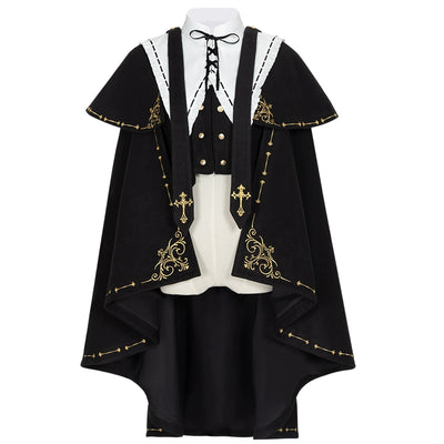 (BFM)YingLuoFu~College Style Lolita Cape Gold Embroidery Cloak Set Vest Cloak + Detachable Long Cloak + False Collar S 